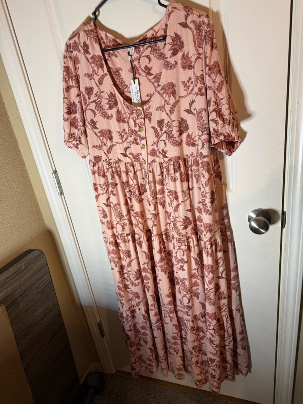 The Woods Floral Batik Midi Dress XXL Pink Brown Boho Tiered Button Front